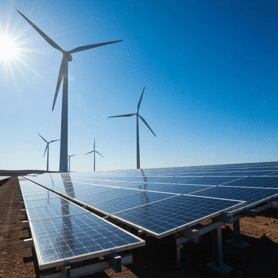 Futuristic gold mining site with advanced eco-friendly technology and a clear blue sky