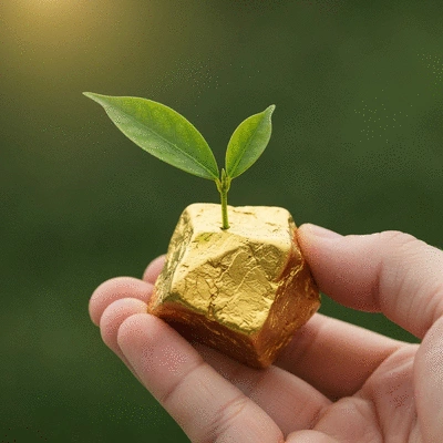Hand holding a gold nugget with a green leaf, symbolizing sustainable investment