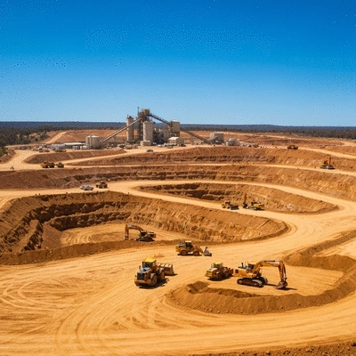 Aerial view of an Australian open-pit gold mine with machinery operating, under a clear blue sky, no text, no words, no typography, 8K