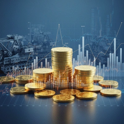 Abstract representation of financial growth with gold coins and digital graphs
