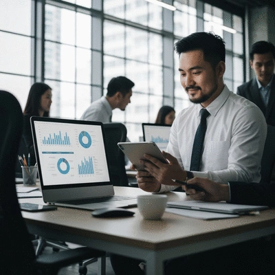 Modern office setting with hands analyzing financial data on a tablet