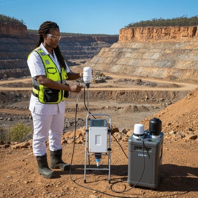 Environmental scientist conducting a baseline study in a mining region of Western Australia, with clean equipment and natural landscape