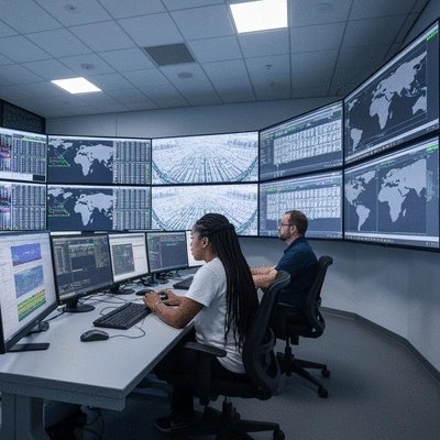 AI-powered control room for water management in a gold mine, with data visualizations on screens and engineers collaborating, clean image, no text
