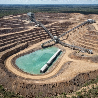 Modern gold mining operation emphasizing sustainable practices, with green technology and minimal environmental impact