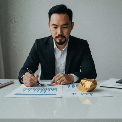 Gold mining investor reviewing financial charts and a gold nugget on a desk, representing investment in NSW gold mining