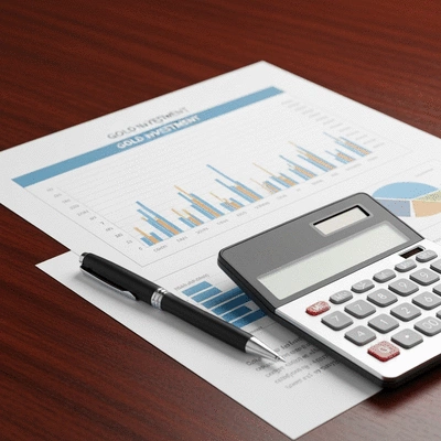 Close-up of financial reports and charts related to gold investment on a desk, with a pen and calculator, no text, no words, no typography, 8K