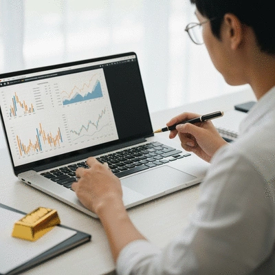 Person studying financial charts and gold market data on a laptop, with a gold bar nearby